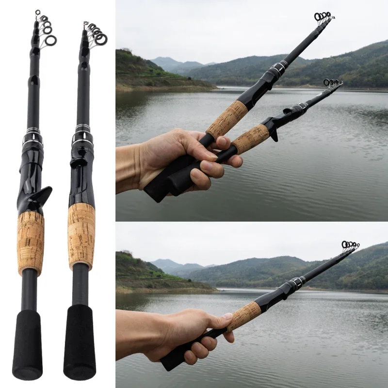 Caña telescópica DEUKIO carbono – Spinning baitcasting 2.4M mango madera - imagen 5