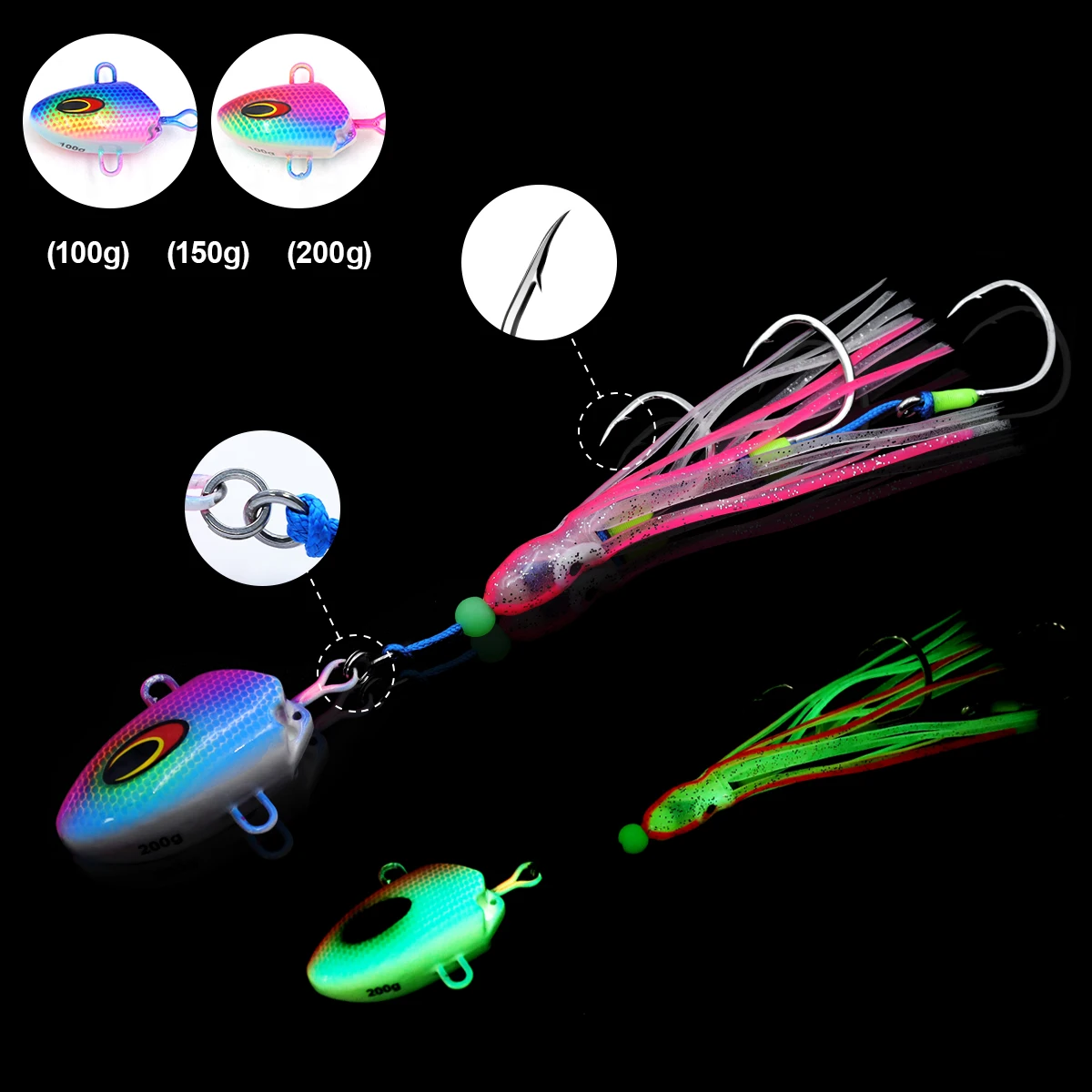 ZYZ JIG de pesca en el mar, 100/150/200G, cabeza de pez de plomo biónico + cebo suave de pulpo + anzuelos afilados, aparejos de anzuelos Ocean Baot - imagen 5
