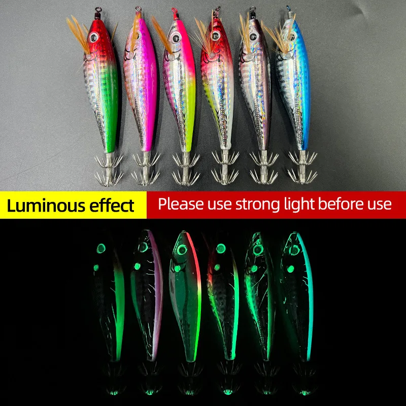 Señuelos de camarones horizontales que brillan en la oscuridad, 6 uds., 6 colores, camarones de vientre redondo, ganchos de calamar y camarones de madera láser, cebos duros de primera calidad - imagen 4