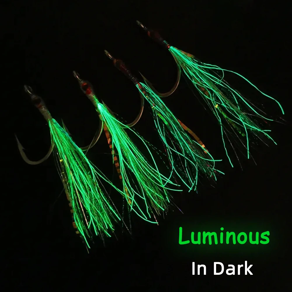 Wifreo 6 uds 4/0 anzuelo de acero inoxidable pesca con mosca pececillo señuelo cabeza epoxi ojos 3D luminoso Flash oropel Saltwaer Señuelos de pesca - imagen 5