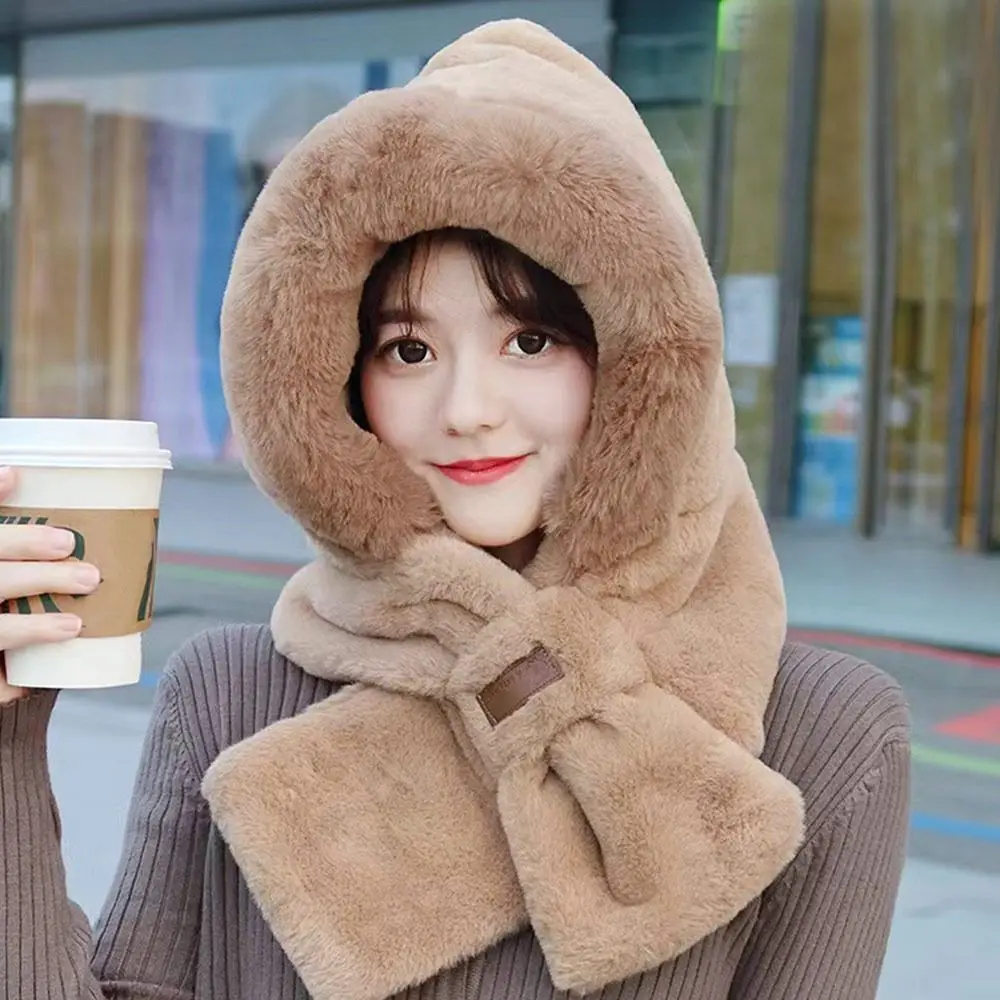 Gorro integrado a prueba de viento para mujer, bufanda gruesa, gorro, bufanda, gorro con protección para los oídos informal suave, invierno - imagen 4