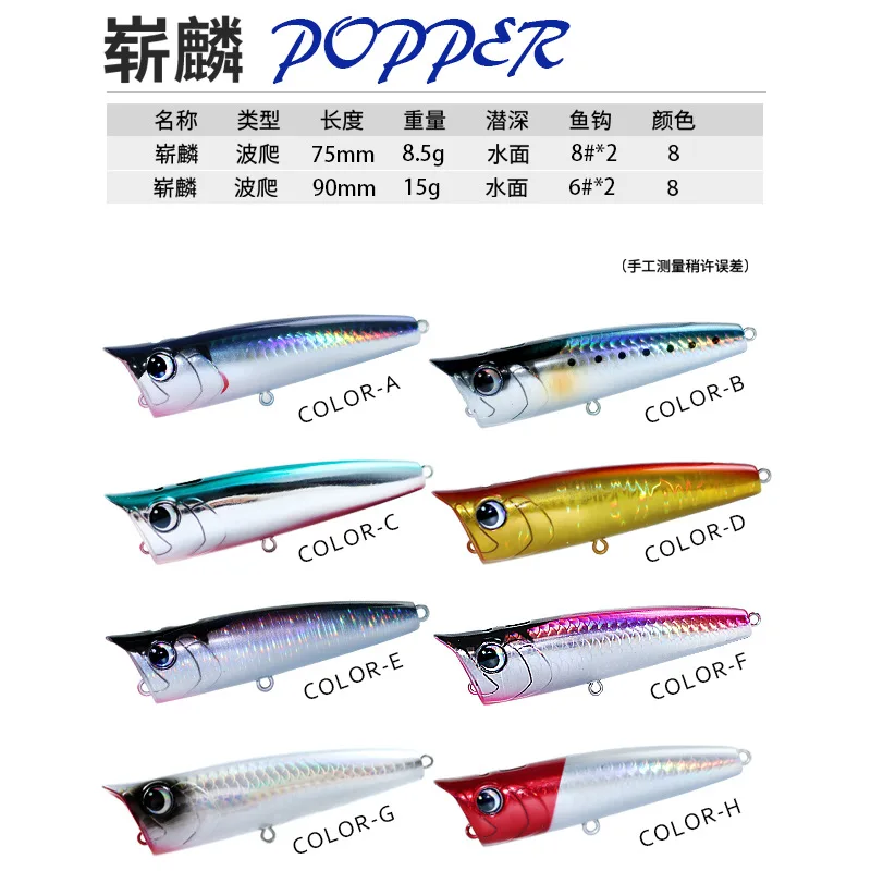 8 Uds 75mm/8,5g 90mm/15g Topwater Popper flotante Rock pop cebos duros artificiales para lubina perca Lucio señuelo de pesca - imagen 3