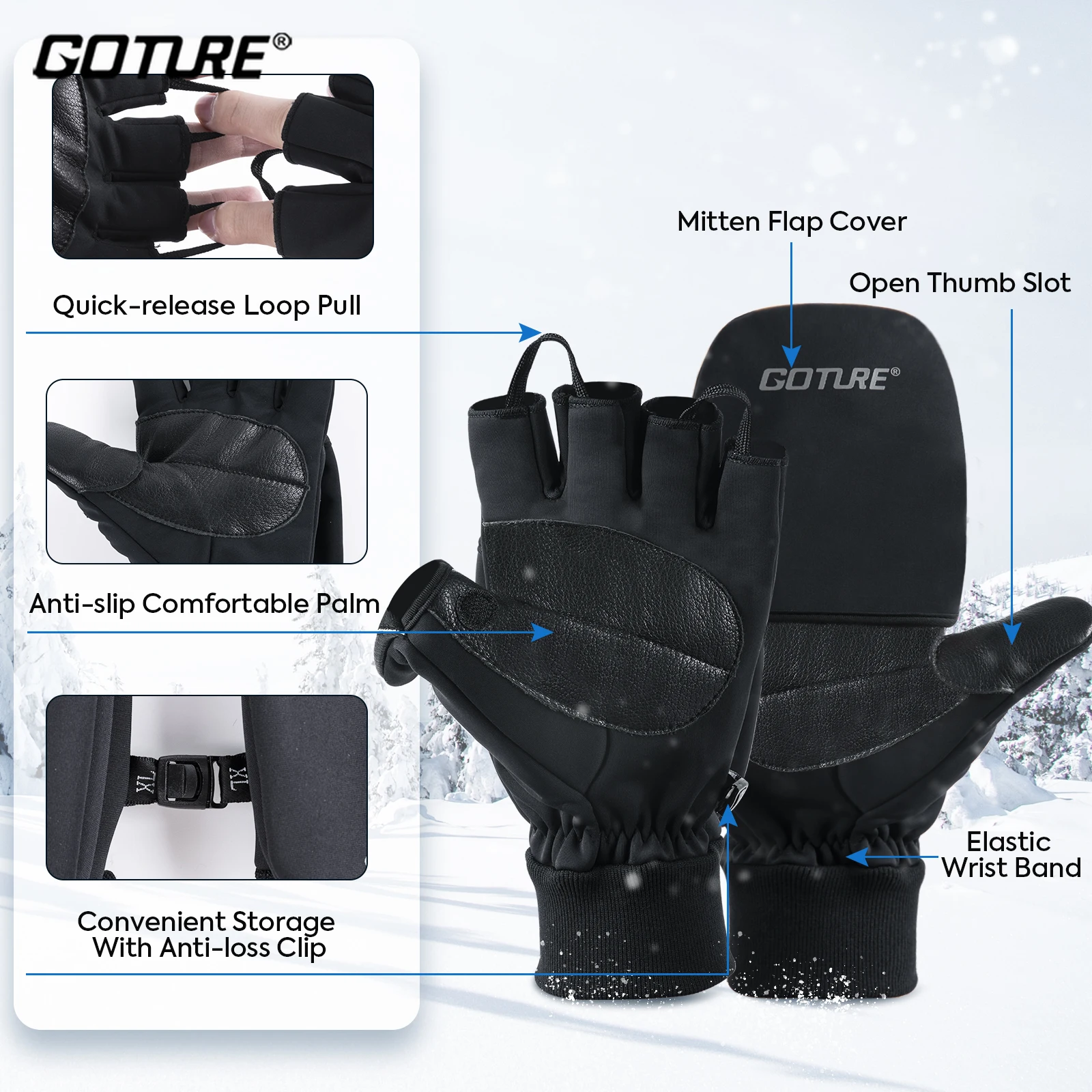 Guantes Goture Invierno Pesca – Cuero impermeable antideslizante medio dedo - imagen 4