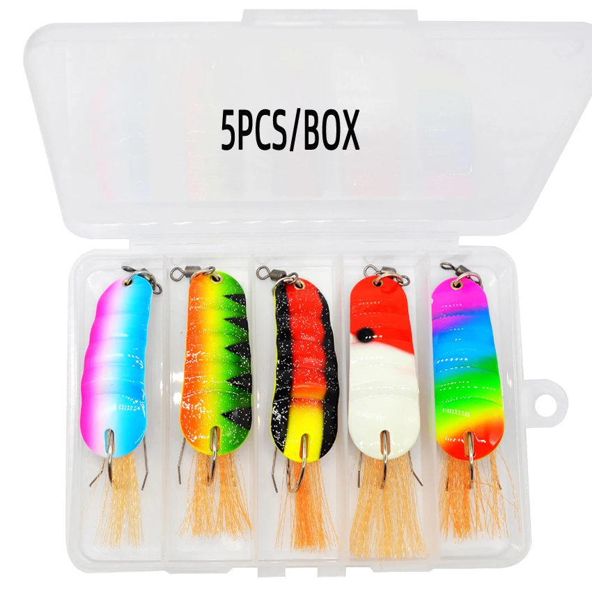5 unids/caja cuchara señuelo de Metal Arco Iris 21G/6,2 cm fondo anticolgante gancho individual con cebo duro de plumas aparejos de pesca en hielo