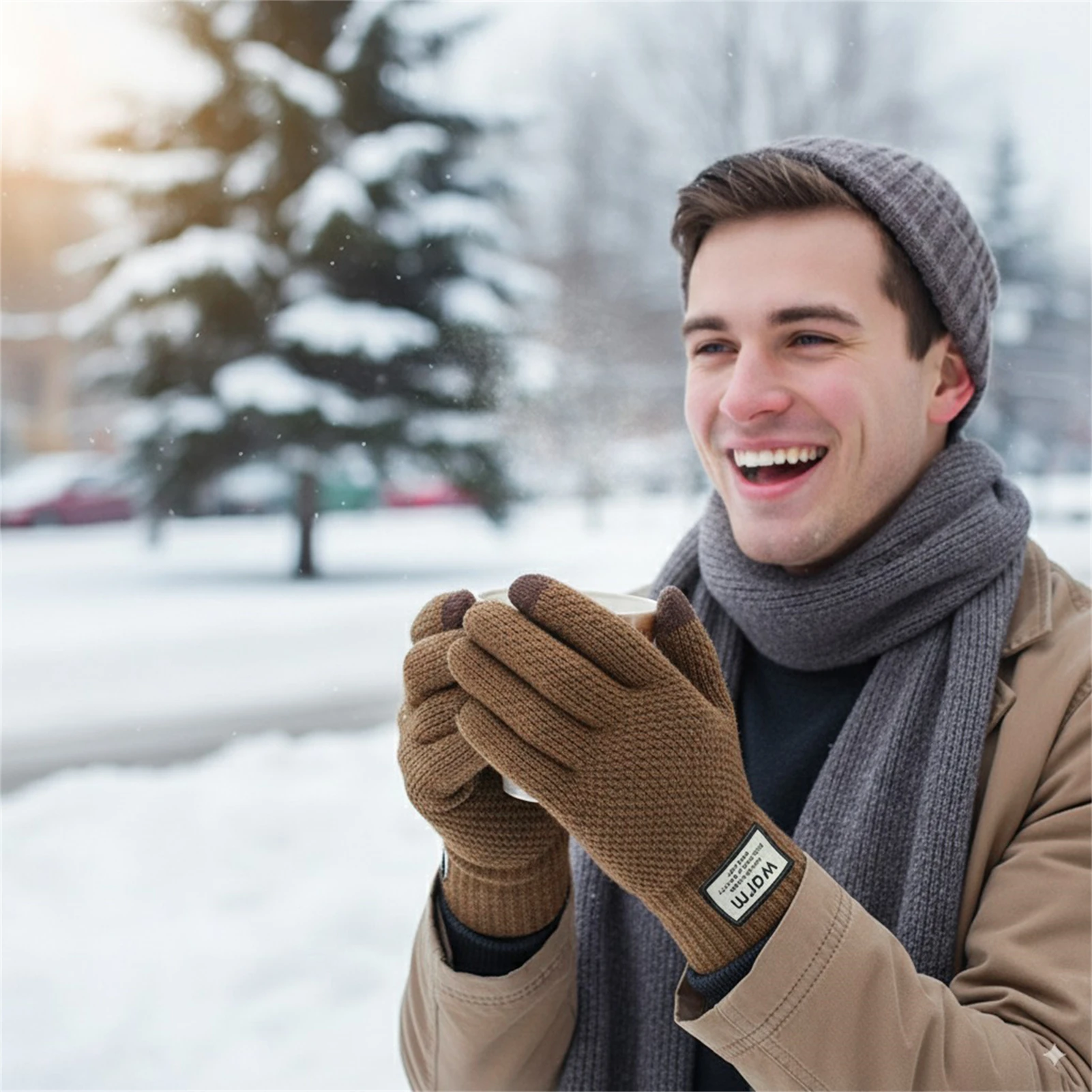 Guantes de ciclismo para hombre, cálidos guantes de punto con pantalla táctil y forro polar, patrón de piña para ciclismo, actividades al aire libre, invierno - imagen 3