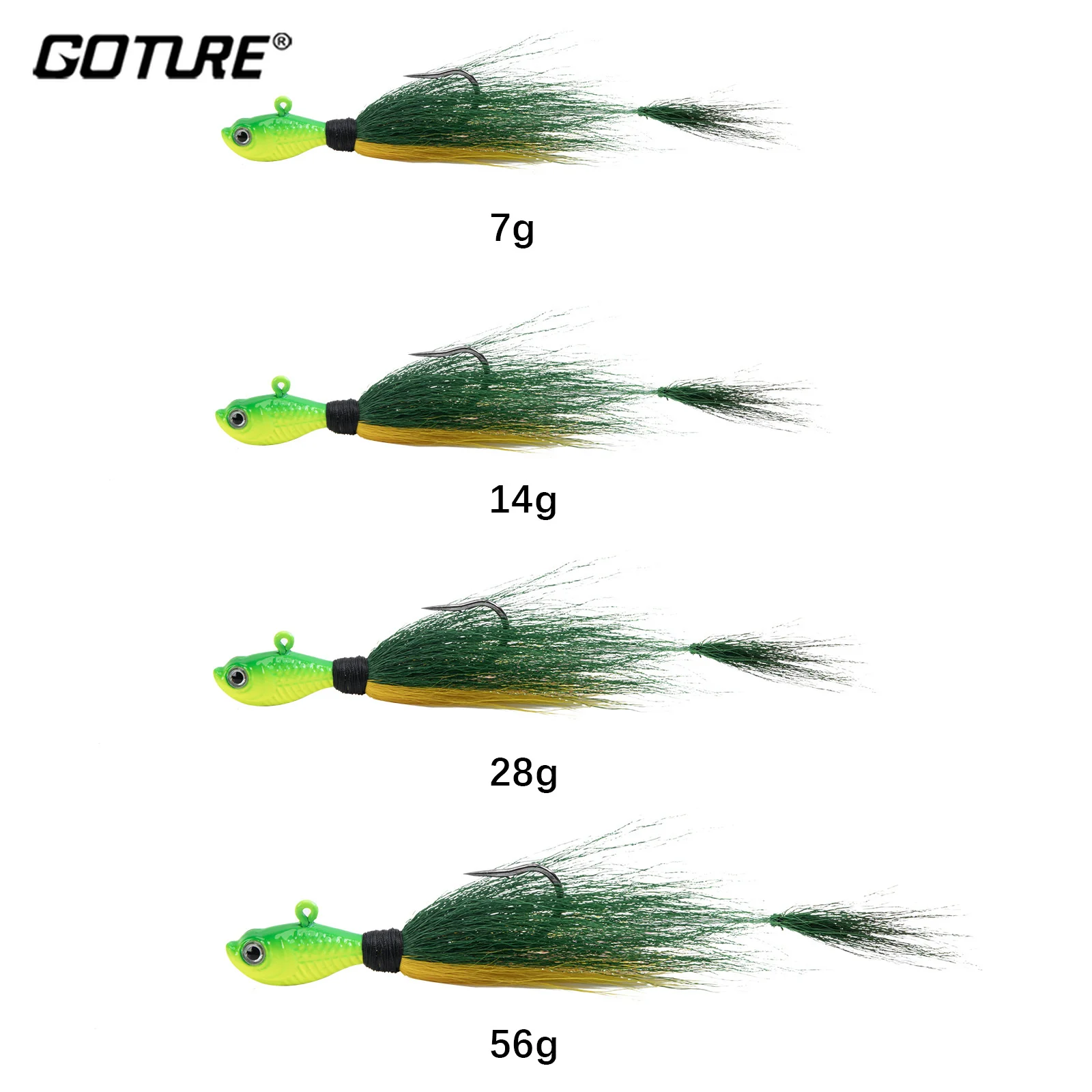 Goture 5 unids/lote Bucktail Jigs cabeza gancho 7g 14g 28g 56g 3D ojos cebo ciervo pelo pluma gancho barba Jigging señuelo pesca