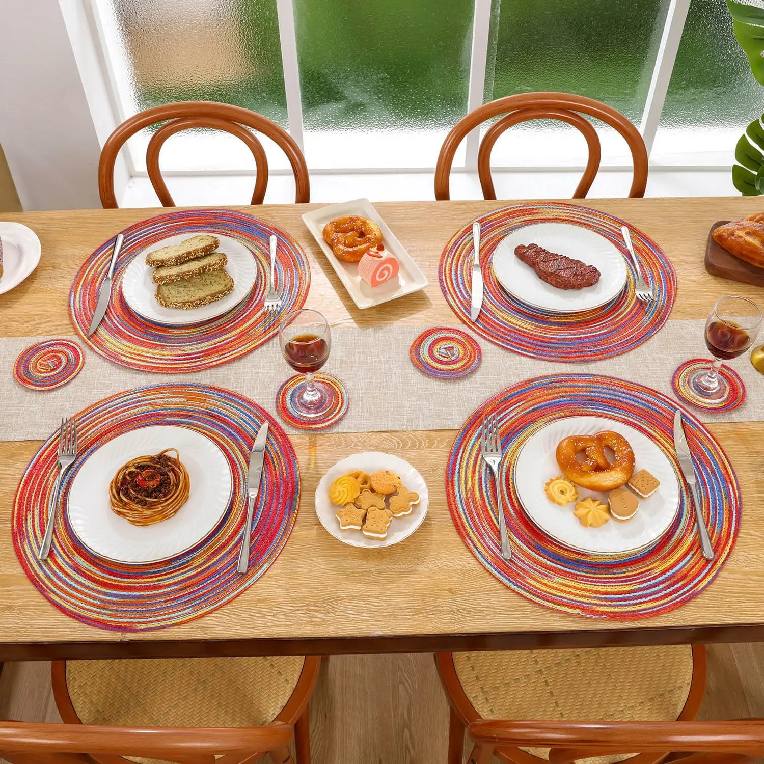 Juego de manteles individuales redondos tejidos de algodón, manteles individuales de ratán resistentes al calor, tapete para cuencos para mesa de comedor, posavasos de cocina, decoración - imagen 5