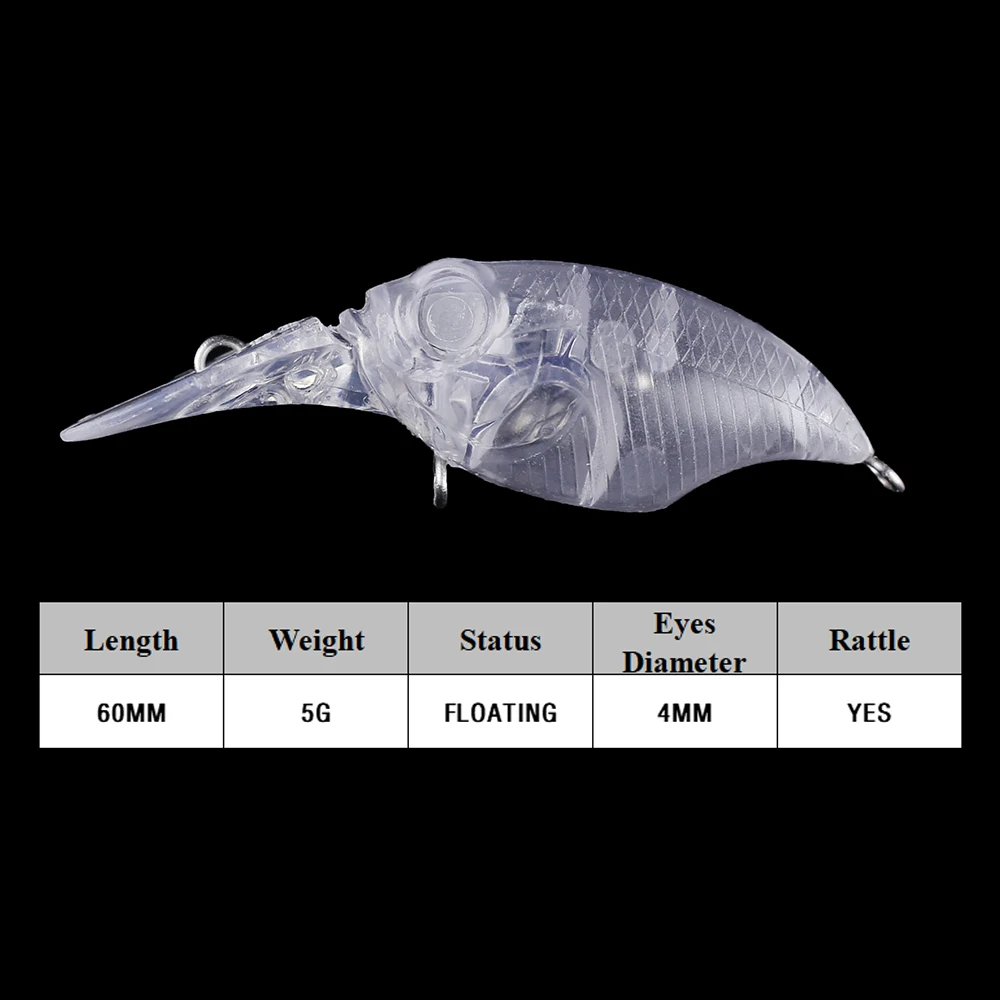 Chan'sHuang-Cebo en blanco 20 piezas sin pintar, 60mm, 5g, sonajero flotante, buzo poco profundo, Crankbait, señuelo de pesca Artificial artesanal - imagen 2