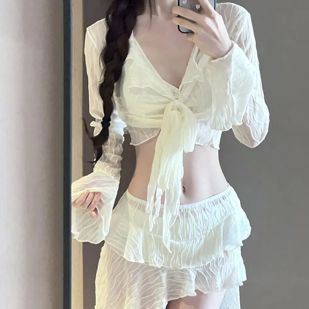 Conjunto de microbikini informal con cordones para niña, traje de baño de realce a rayas onduladas de malla, traje de baño con nudo de borla transparente Irregular, 4 Uds.