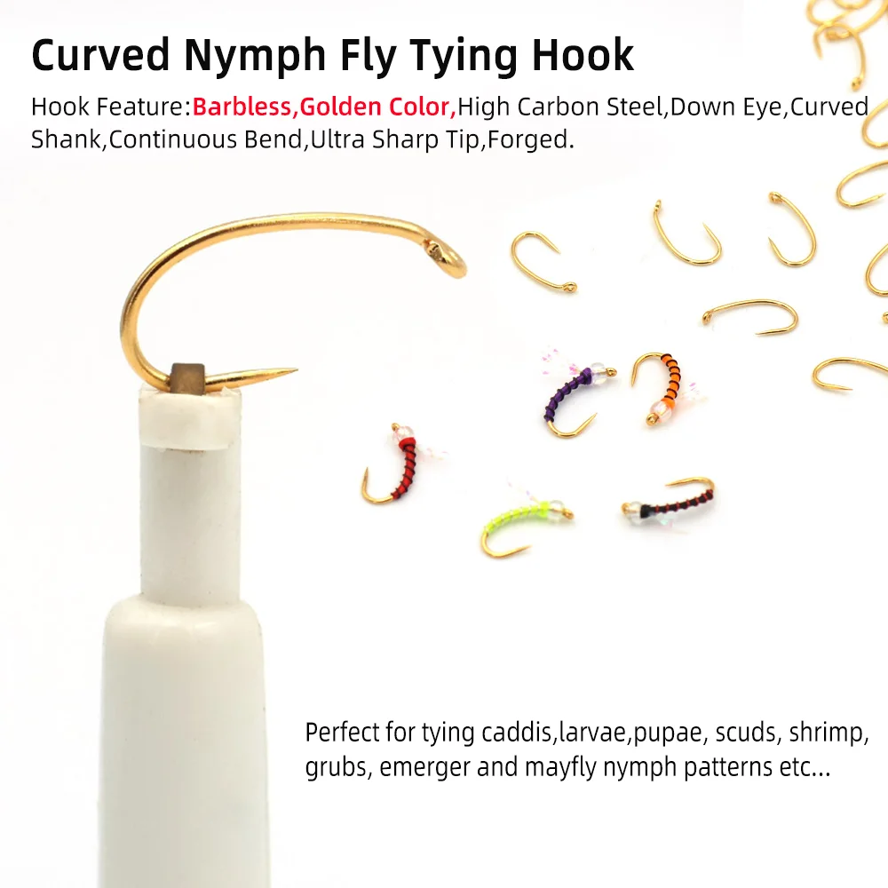 Wifreo, 100 Uds., anzuelo curvo sin púas para atar moscas de ninfa, anzuelo de pesca con mosca de ojo dorado para Scud Pupae San Juan, gusanos, señuelos de trucha - imagen 2