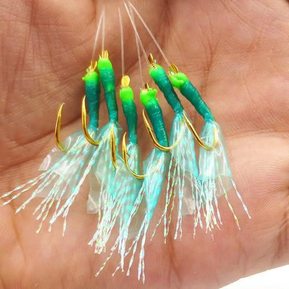 Aparejos de pesca de mar, señuelos de goma verde, anzuelo dorado, aparejos de pesca de mar Sabiki, señuelos verdes, anzuelos atados dorados, pesca en la playa y el océano - imagen 2