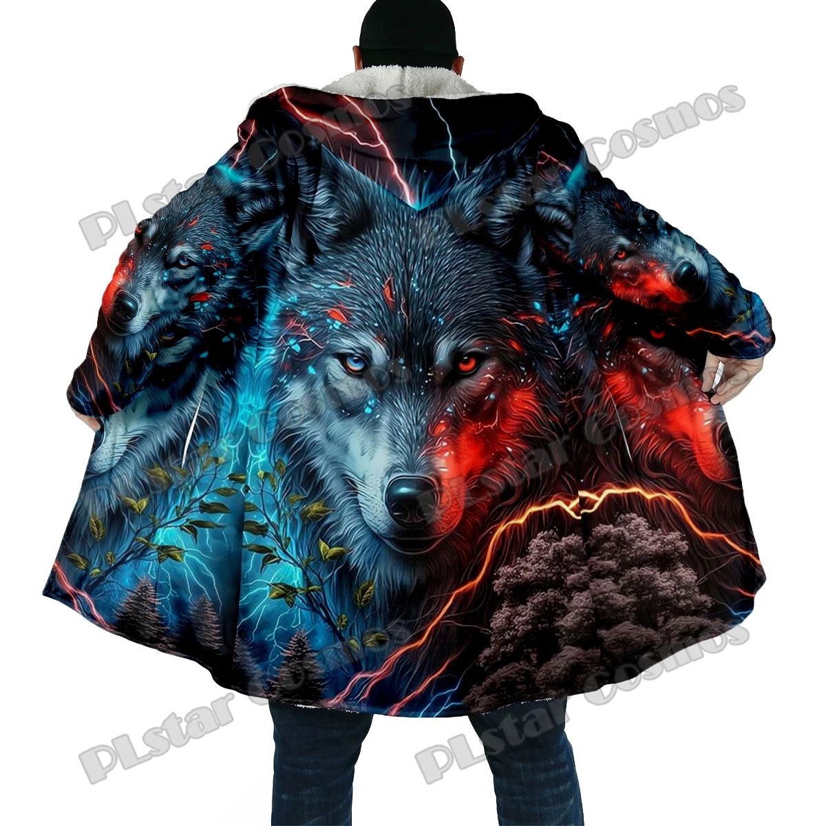Capa de moda de invierno para hombre, capa con capucha de lana gruesa con estampado 3D de lobo Animal, capa cálida informal Unisex BB54 - imagen 2