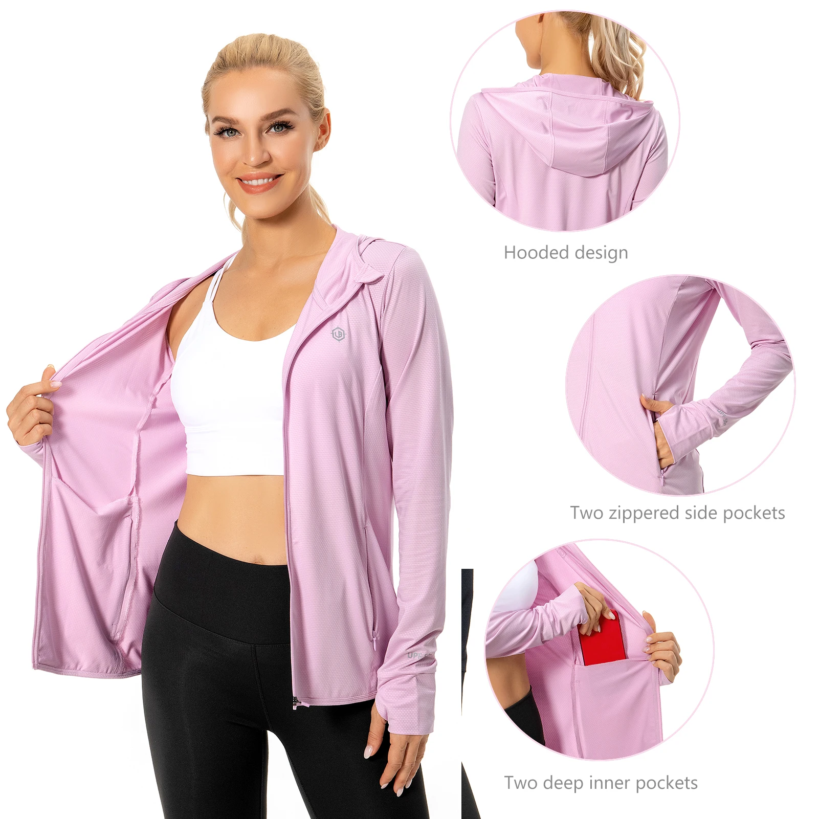 Lightbare-Sudadera con capucha UPF 50 + para mujer, Chaqueta de manga larga con capucha y bolsillos para senderismo al aire libre - imagen 4