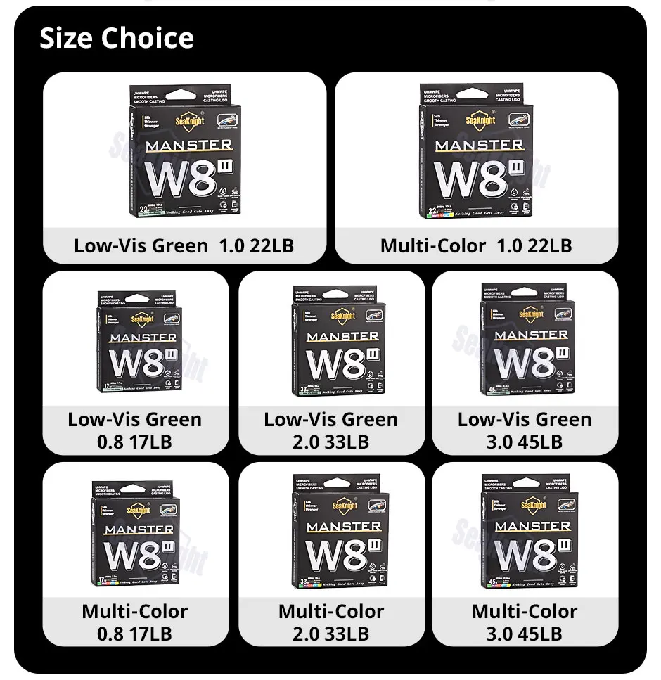 Elija entre las opciones de línea de pesca Manster W8 en varios pesos y colores para aventuras de pesca versátiles