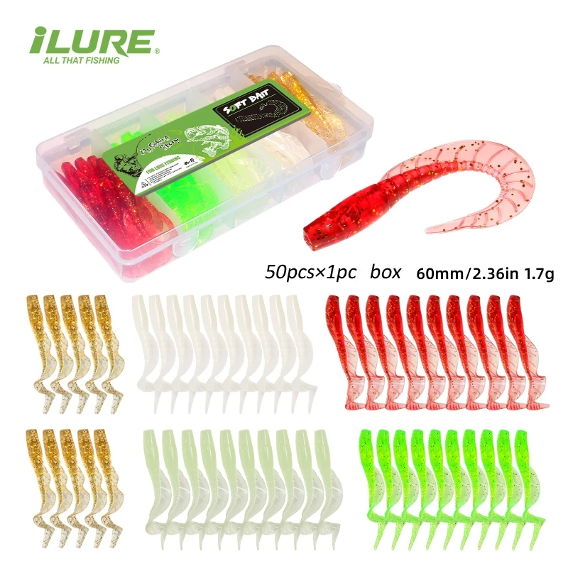 50 Uds. Señuelos de pesca blandos 1,7g/60mm señuelo de gusano con cola en T plantilla de cebo Artificial pequeño Wobblers aparejos de pesca de Lucio