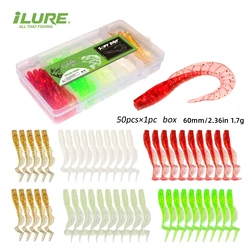 50 Uds. Señuelos de pesca blandos 1,7g/60mm señuelo de gusano con cola en T plantilla de cebo Artificial pequeño Wobblers aparejos de pesca de Lucio