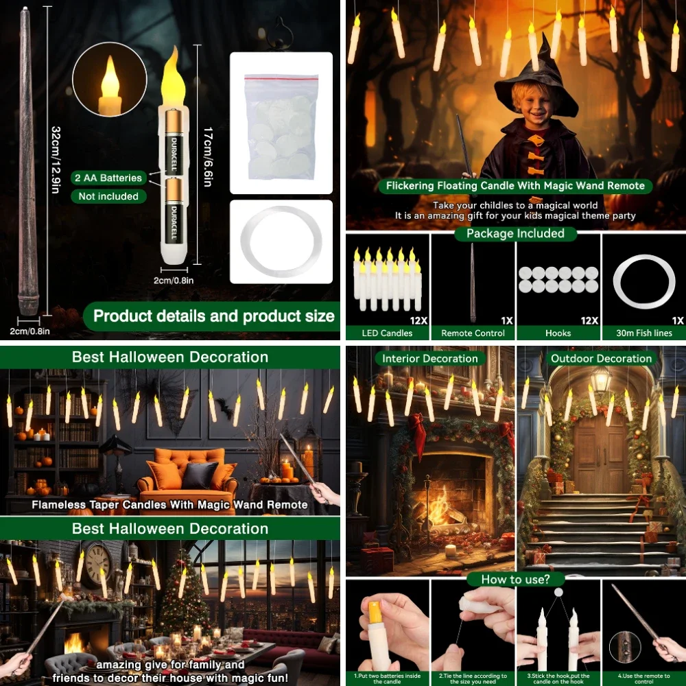 Velas LED flotantes sin llama con varita mágica, velas de ventana colgantes parpadeantes remotas, decoración de Navidad y Halloween, 8/12 piezas - imagen 5