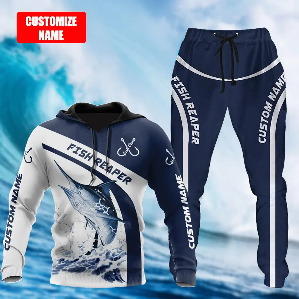 Nombre personalizado Marlin pesca 3D impreso hombres conjuntos Sudadera con capucha y pantalones otoño ropa deportiva Unisex Casual calle chándales ropa masculina TZ-08 - imagen 4
