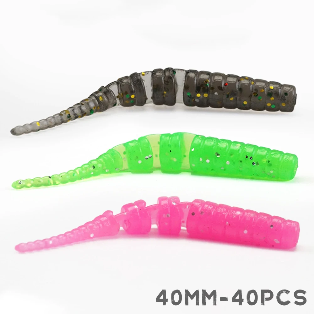 Cebos blandos de 40mm, 40 Uds., señuelos de gusano Jig, Polaris, Pesca, lubina, trucha, Pesca en hielo de invierno, sales de inyección y aromas