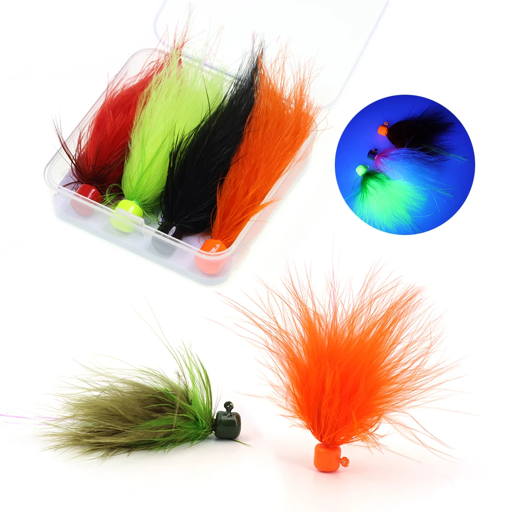 Anzuelos con cabeza de anzuelo de 0,02 oz, plantillas de marabú, señuelo de pesca en hielo, Crappie, perca, trucha, salmón, lubina, pesca dorada, 4 unids/caja