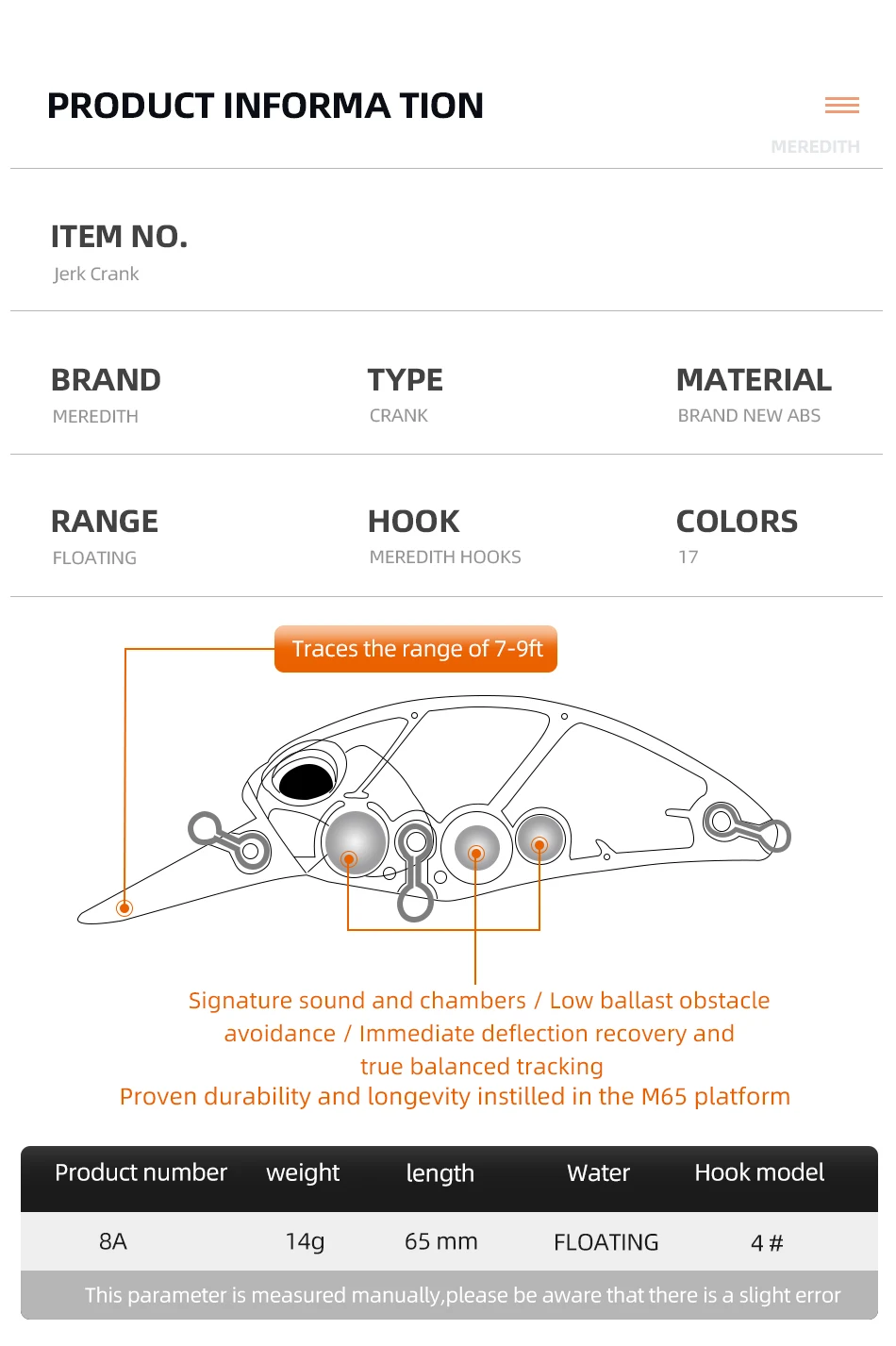 Señuelo wobbler M65 mostrando su diseño flotante y acabado profesional