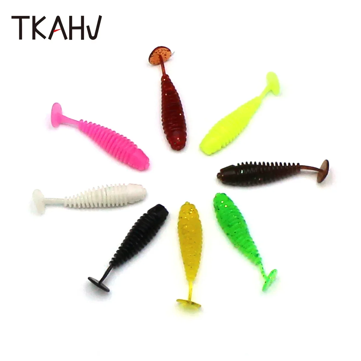 TKAHV-Mini señuelo suave de 10 piezas y 35mm, cola en T, gusano, cebo Artificial, carpa, Swimbait de silicona, aparejos de pesca - imagen 5