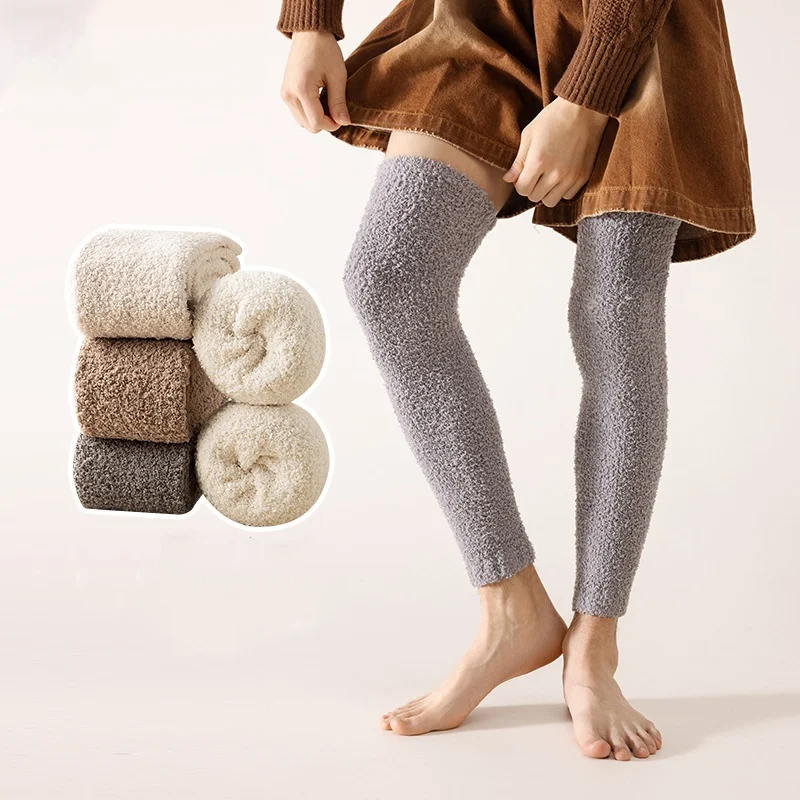 Calentador de piernas de invierno para hombre y mujer, calentadores térmicos acogedores por encima de la rodilla de lana Coral blando para motocicleta, ciclismo y esquí, 1 par - imagen 3