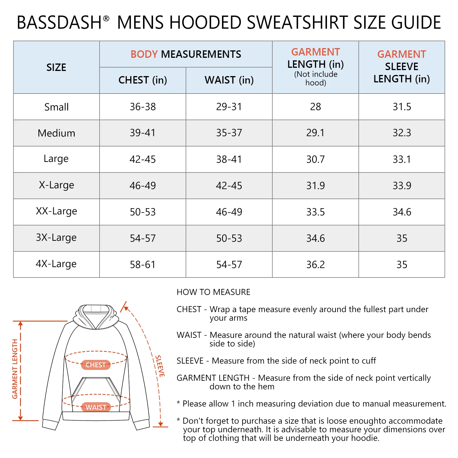 Descubra el ajuste perfecto con la guía de tamaño de sudadera con capucha para hombres de Bassdash®