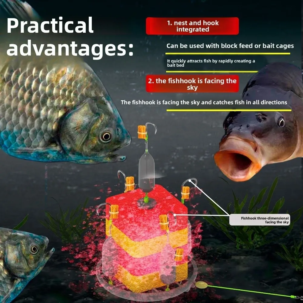 Jaula de cinco anzuelos fuertes para pesca, Material plástico, jaula de diseño cuadrado, caja de mar, aparejos de carpa de acero al carbono