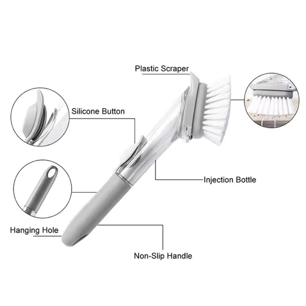 Cepillo de esponja para lavavajillas de cocina, cepillo para olla tipo prensa lleno de líquido, dispensador de jabón, cepillo para fregar con mango largo - imagen 3