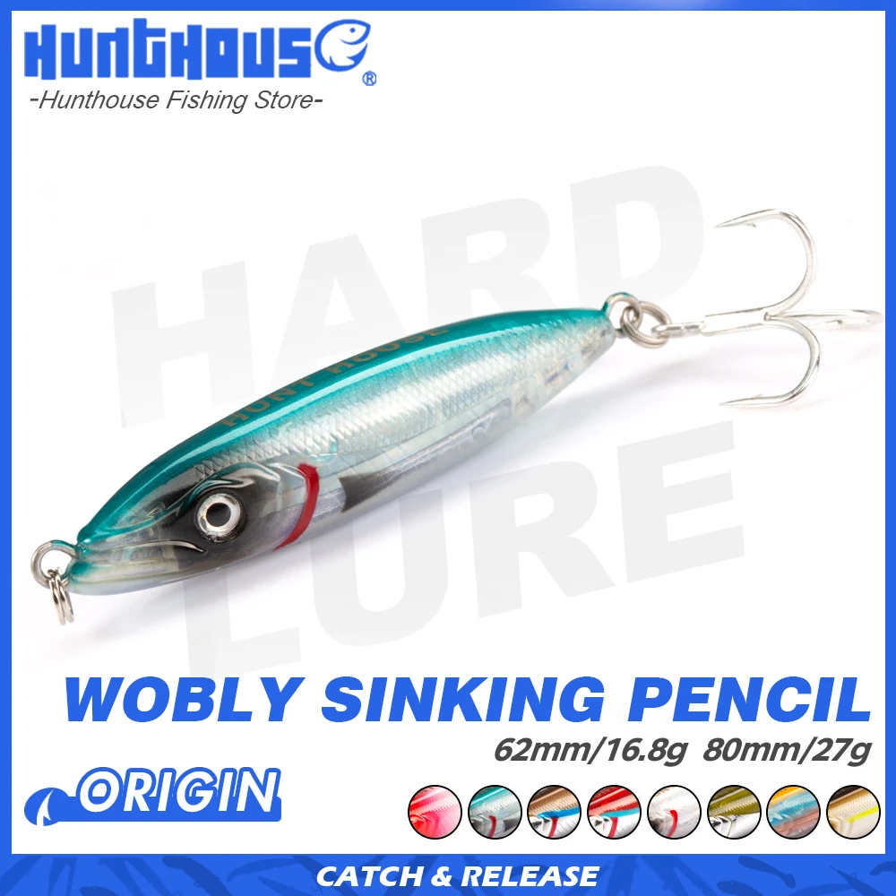 Hunthouse-señuelo de pesca con lápiz Wobly, cebo duro de hundimiento lento, curricán, 62mm, 80mm, agua salada fundida para trucha, aparejos de lubina