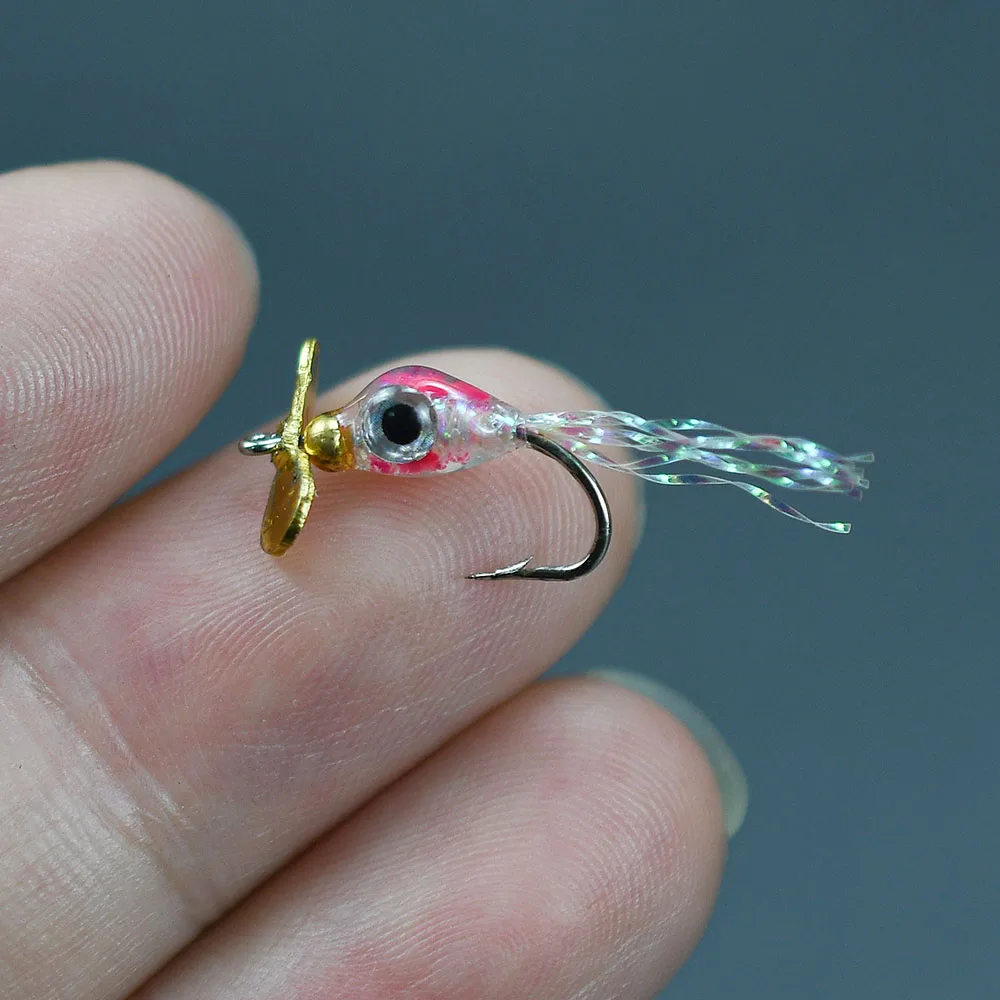 Señuelos de lentejuelas con hélice de colores brillantes, ojos 3D, moscas de pesca epoxi UV, cebo giratorio, Señuelos de pesca artificiales, paquete de 8 Uds. - imagen 2