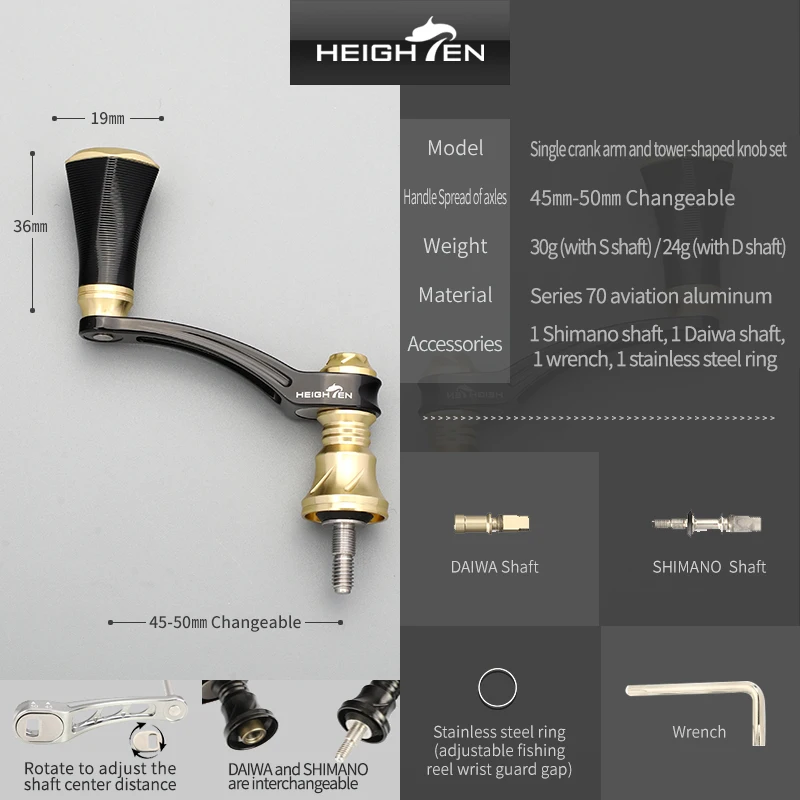 Carrete giratorio de aumento, mango único, longitud ajustable de 45mm a 50mm con perilla de 19,3mm, accesorios de modificación de pesca con señuelo - imagen 4