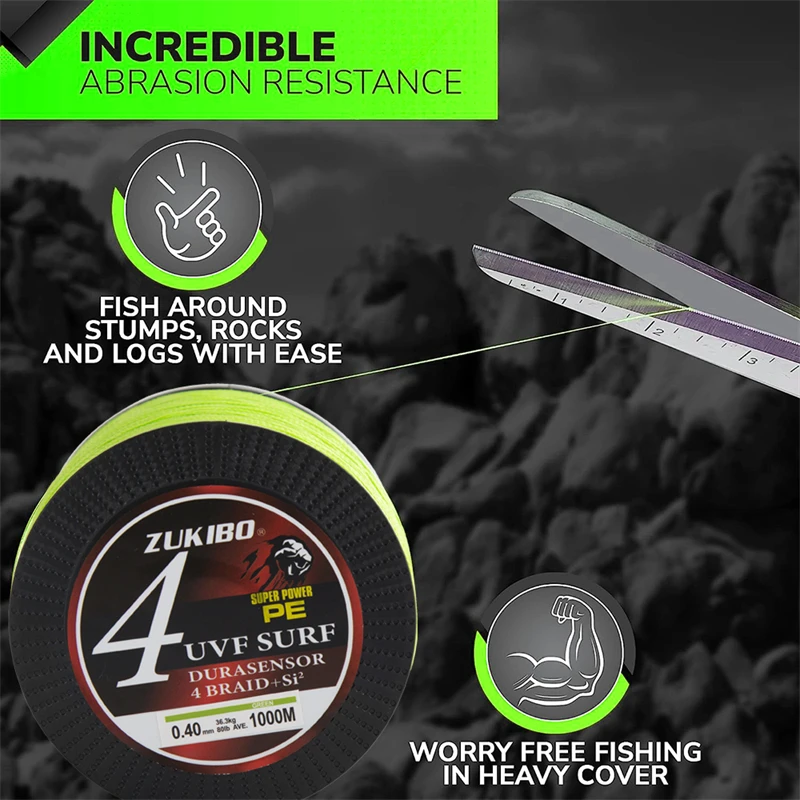 ZUKIBO-sedal de pesca trenzado de 4 hebras, superfuerte, multifilamento, PE, sedal de pesca para agua de mar, antimordeduras, resistente al desgaste - imagen 3