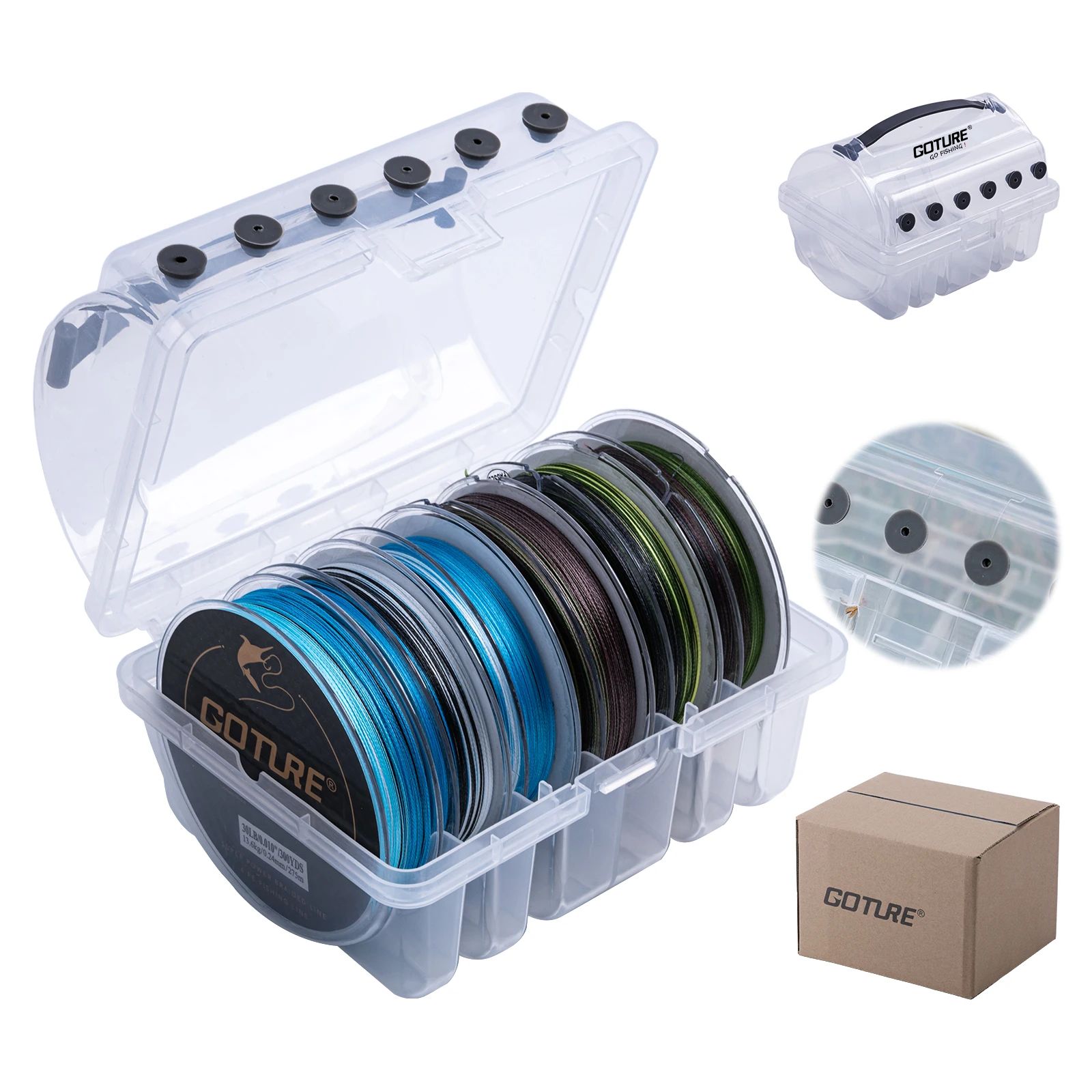 Goture nueva caja de almacenamiento de sedal de pesca de seis agujeros, Material PP transparente con 6 carretes línea trenzada de 300 yardas, aparejos más vendidos - imagen 2