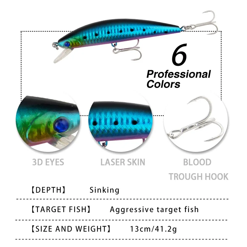 Señuelos de pececillo de hundimiento pesado, 130mm, 41,2g, cebos duros artificiales de fundición larga, lubina, trucha, Swimbait, Pesca Wobbler - imagen 5