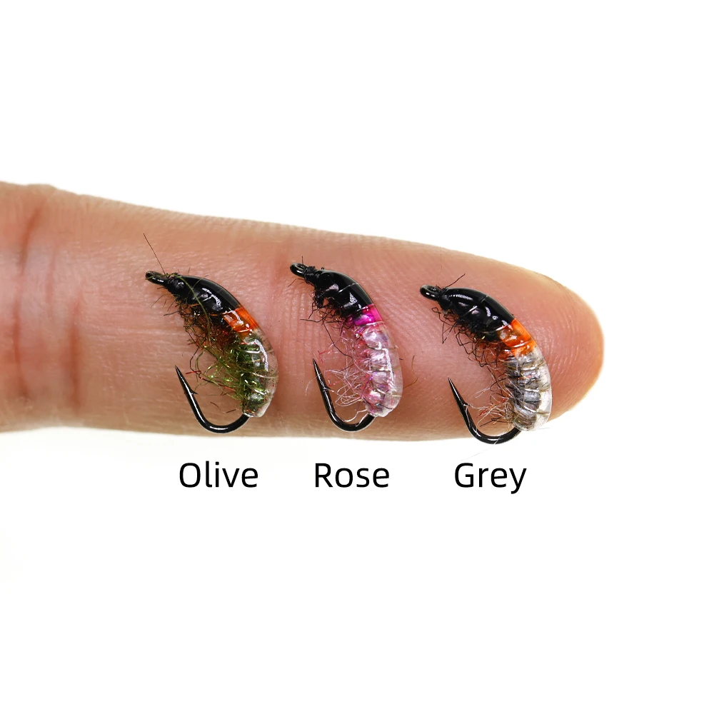 Wifreo 9PCS 10 #   12 #   Checa ninfa camarón mosca Scud insecto gusano moscas trucha Grayling pesca señuelo cebo oliva gris rosa - imagen 5