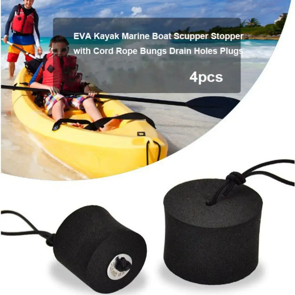 4pcs New EVA Kayak Marine Boat Scupper Stopper with Cord Rope Bungs Black Paddle Drip Rings 2 Sizes Drain Holes Plugs - imagen 2