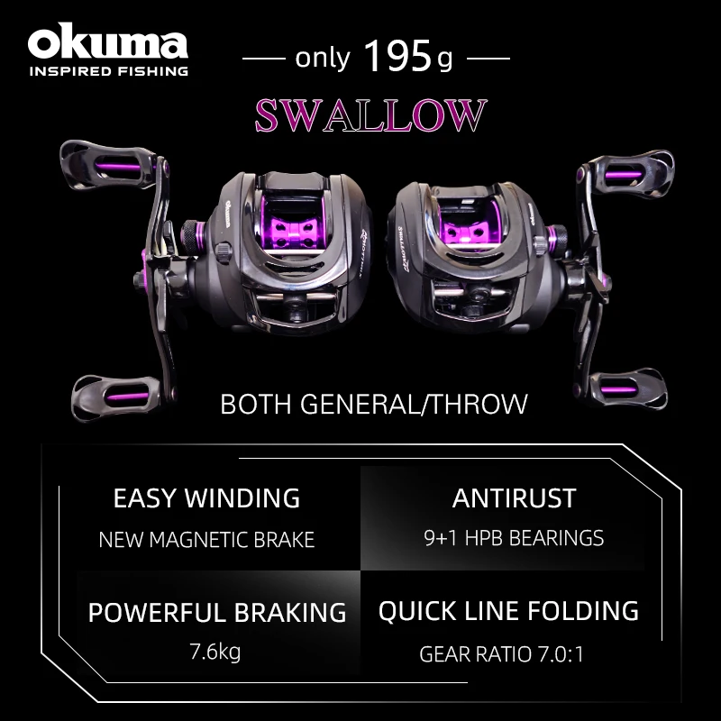 Carrete de pesca OKUMA, carrete de pesca SWALLOW de perfil bajo, carrete de fundición 9 + 1BB, 7,6 KG de potencia, 205g, marco de grafito resistente a la corrosión - imagen 2