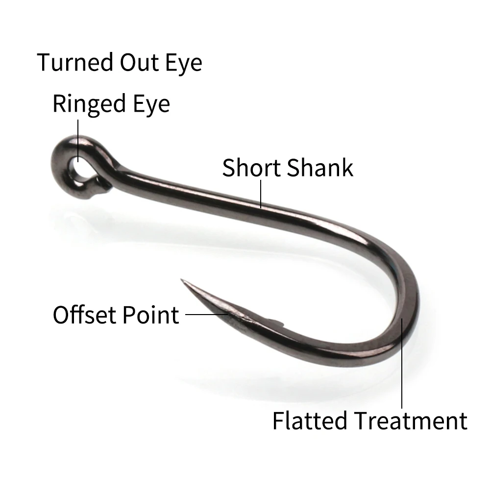 Lionriver 50PCS Sea Fishing Single Hooks Pipe Hook Handle Short Shank Offset Tip Forged Carbon Steel Black Nickel Barbed 11#-15# - imagen 4