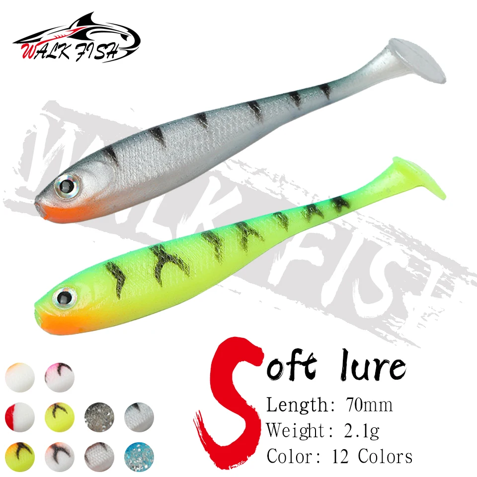 WALK FISH 5 uds 7cm 2,1g cola en T Rockvibe cebo suave Artificial 3D ojo de pez gusano Wobbler cebo para Jig Head señuelo de pesca depredador