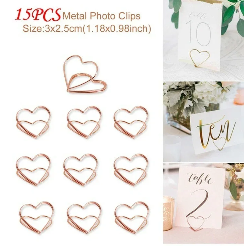 Nuevo 15 unids/set foto en forma de corazón Clip tarjetero decoración de mesa de boda Clips Retro Clips mentales de oro rosa papelería - imagen 2