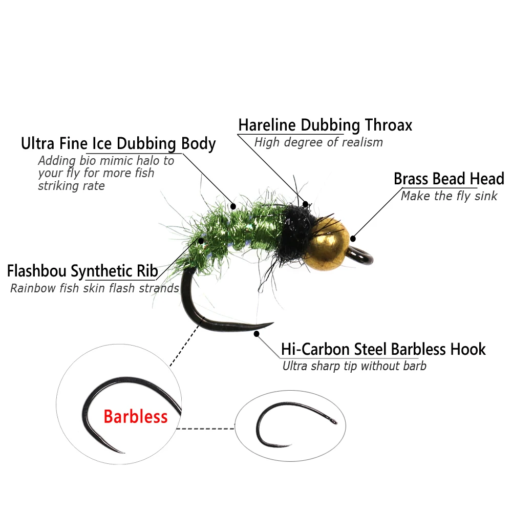 Wifreo 6PCS # Señuelo falso de pesca de ninfa húmeda, cabeza de cuentas de latón con mosca de ninfa de fibra Dub de hielo verde, 12 - imagen 2