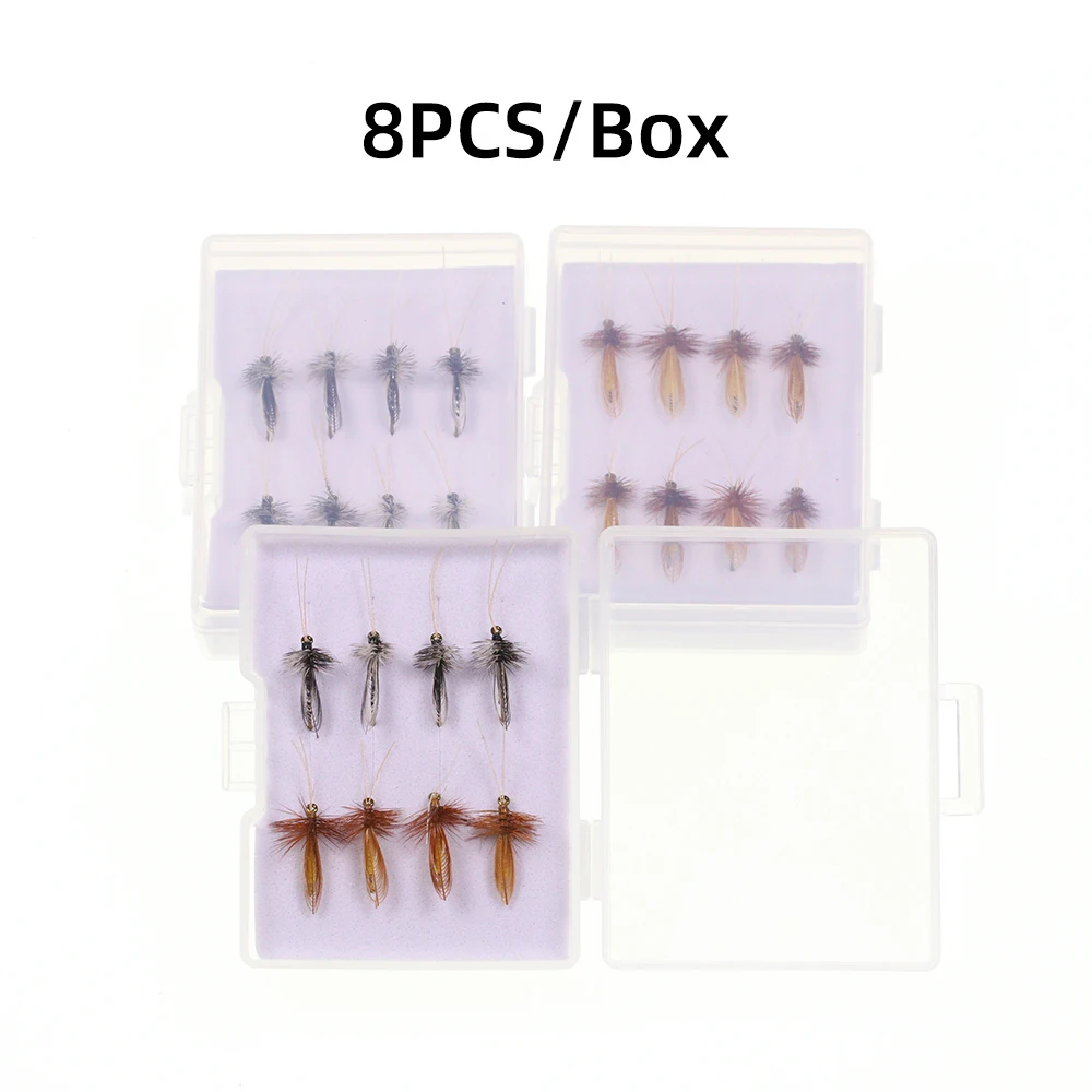 WIFREO 8 piezas/caja # 14 marrón gris Caddisfly Sedge adulto suave Hackle mosca seca trucha lubina Grayling señuelo insecto Artificial cebo - imagen 5