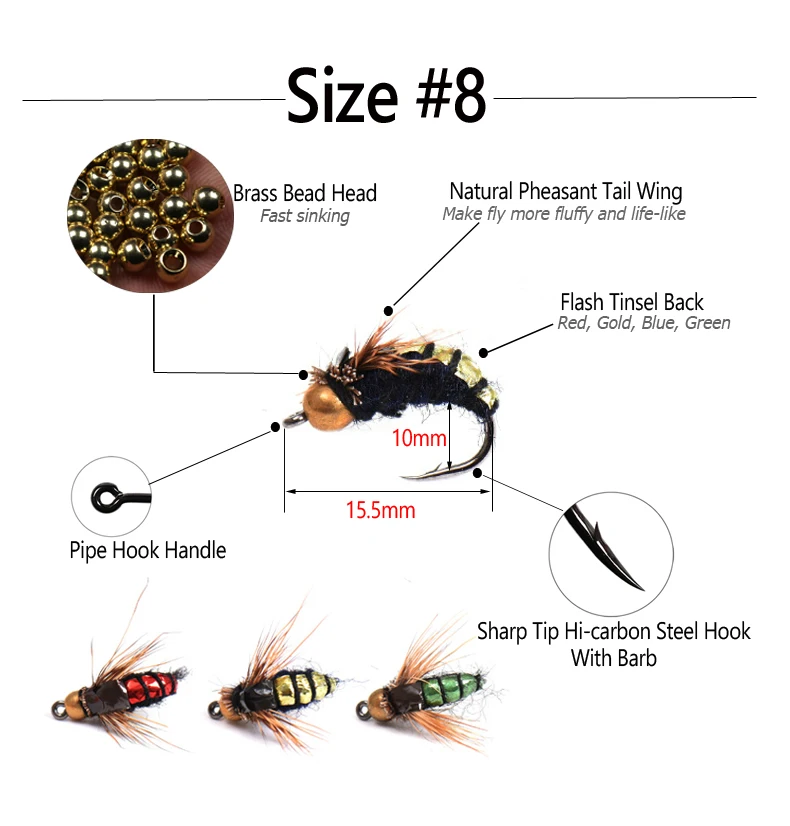 Wifreo 32PCS # 8 cuentas cabeza Ninfa Scud insecto gusano mosca Ninfa húmeda pesca con mosca moscas insectos artificiales cebos trucha Señuelos de pesca - imagen 2