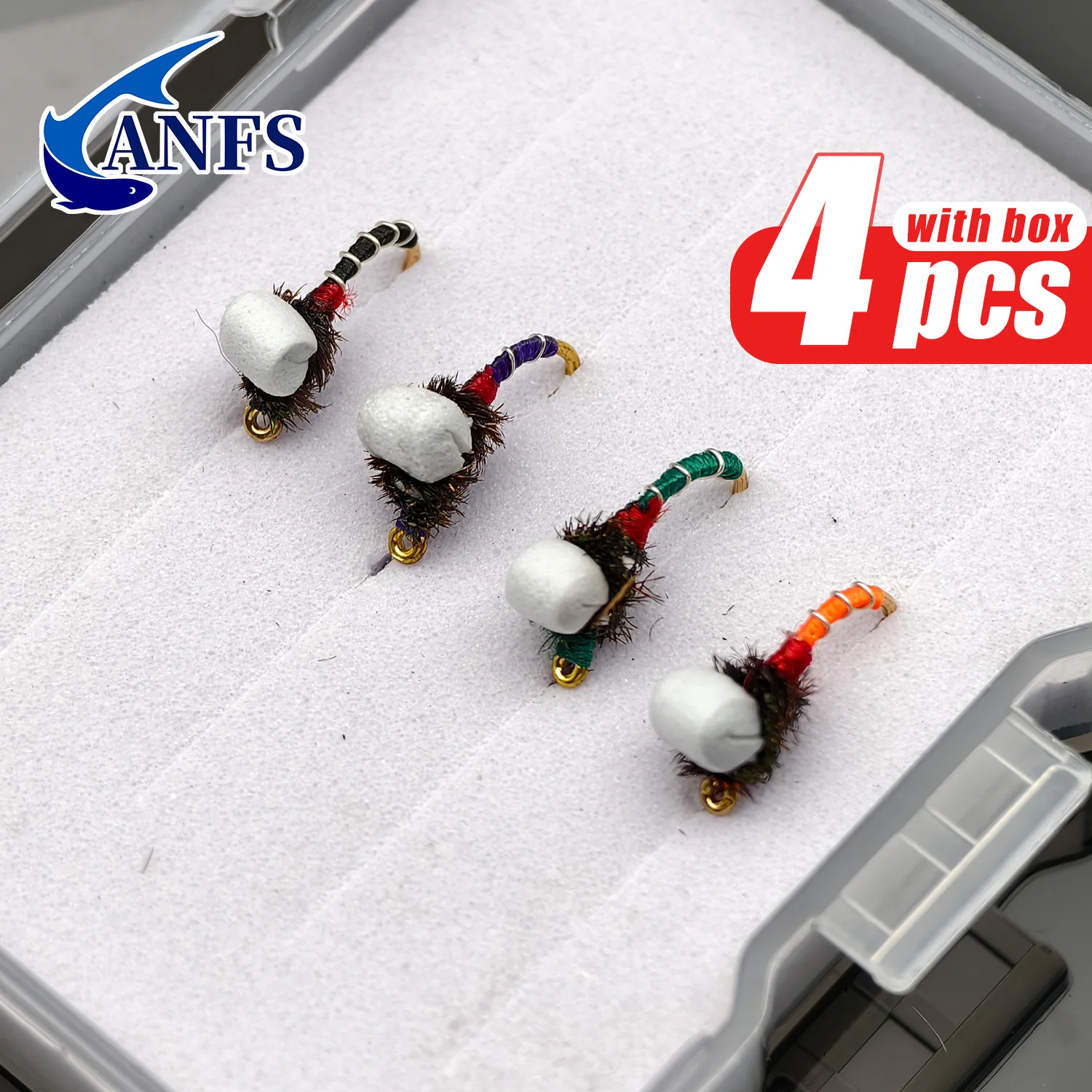 ANFS Buzzers con tirantes, moscas de trucha, paquete de 4 colores mezclados con caja para moscas, moscas de pesca - imagen 3