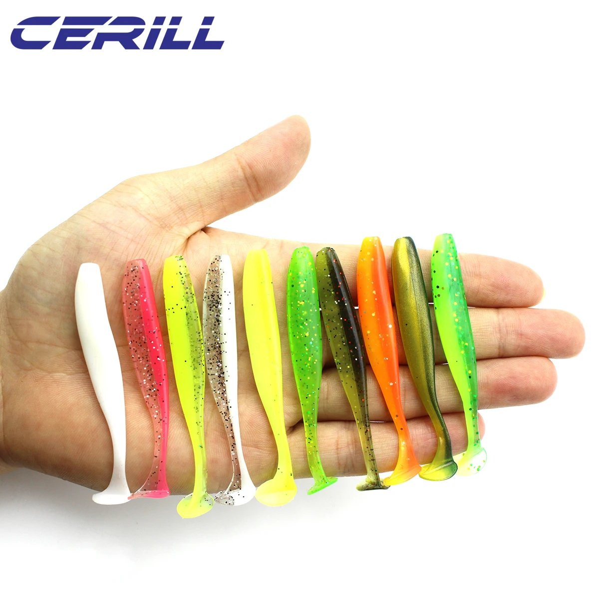 Ceril-señuelo de pesca suave Shiner Wobbler, cebo de gusano de cola en T Artificial, aparejos de lubina de doble Color de silicona Souple, 65mm, 75mm, 10 piezas - imagen 3