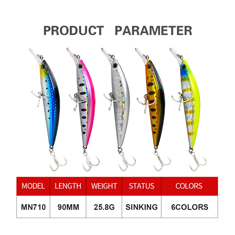 Señuelos de pesca de 9cm y 25,8g, pececillo que se hunde, Wobbler, cebo duro Artificial de fundición larga, tamaño grande, pesca pesada en agua salada, lubina MN710 - imagen 4