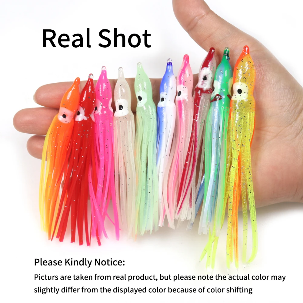 Señuelo Artificial para pesca, cebo de pulpo de plástico luminoso, faldas de calamar suaves de 10 piezas y 9cm, mezcla de colores, Lumo, verde, azul y naranja, 2 bolsas - imagen 4