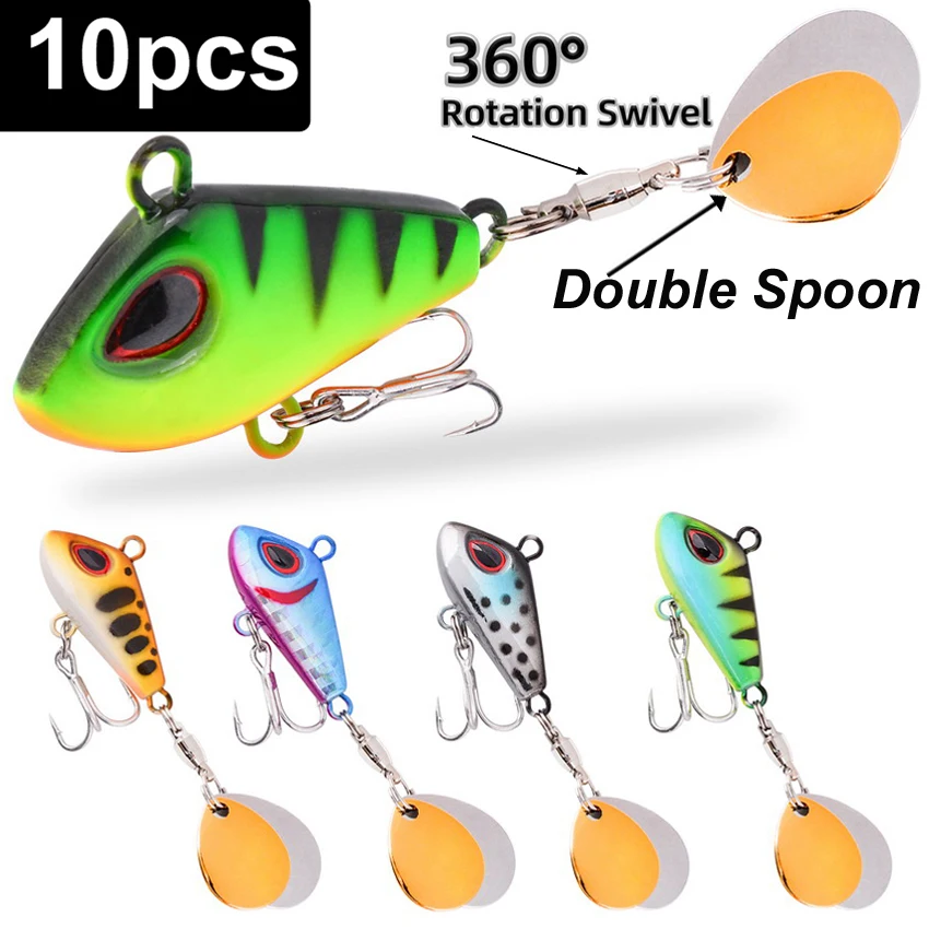 10 Uds nuevo cebo giratorio oscilante de Metal con vibración Spinner cuchara Jig señuelo de Pesca cebos duros artificiales doble lentejuelas señuelo de Pesca